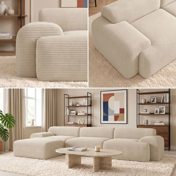 skølm 'Menja' Sofa 3-tlg mit Hocker, 3er Sitz mit 3 Kissen, Cord beige, Vollschaumcouch mit Federkern und Vakuum-Kompression, kein Aufbau erforderlich – Bild 5