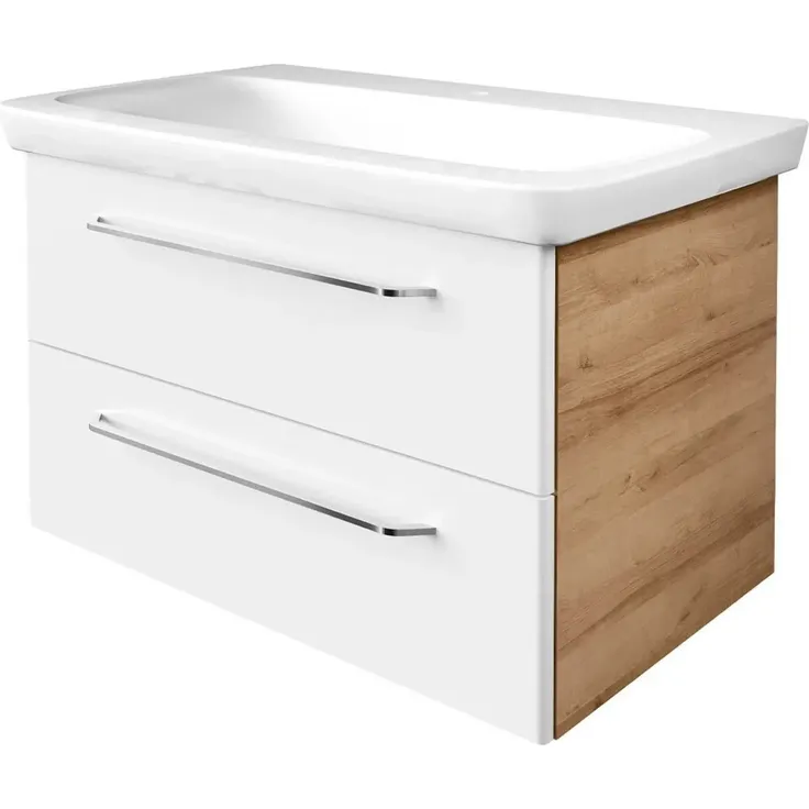 FACKELMANN MILANO Waschbecken mit Unterschrank 88 cm breit, Weiß/Braun hell, Waschbecken Keramik Weiß