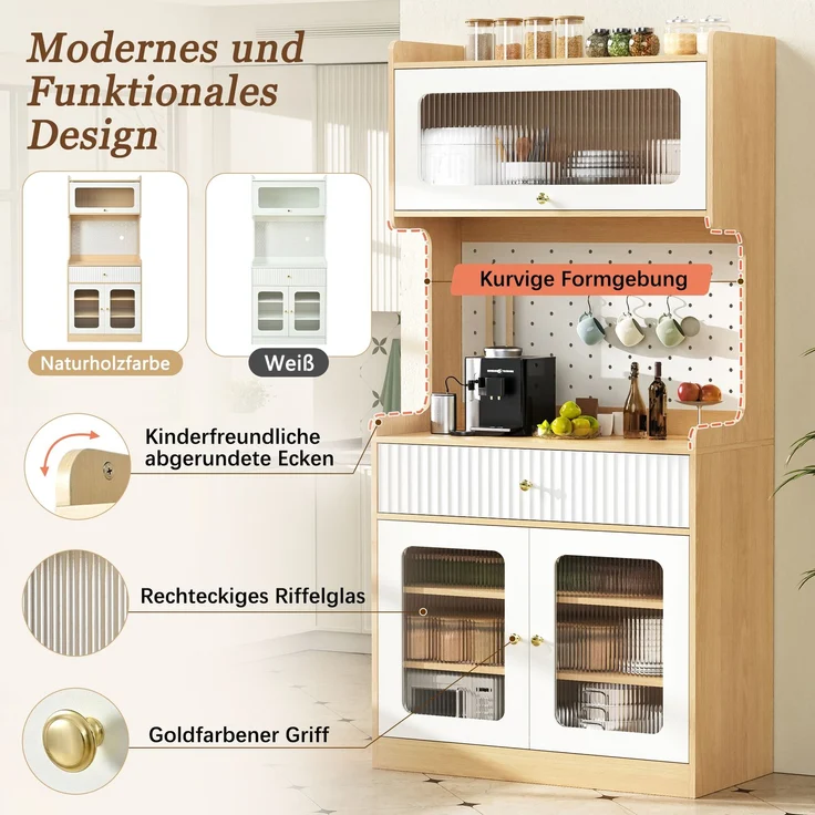 EINHOM Highboard mit verstellbaren Regalböden und Schubladen, Küchenschrank mit LED-Beleuchtung und Riffelglas, Ideal für Esszimmer, Wohnzimmer und Küche (Natur) – Bild 6