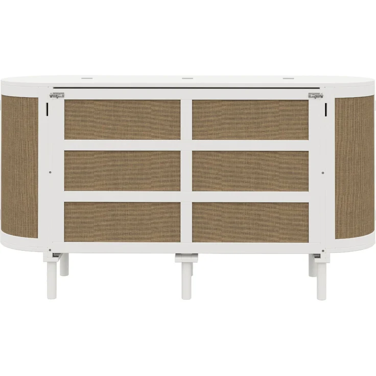 Schrankbett 140x200 cm, vertikales Wandklappbett aus Holz in Weiß mit Rattan-Optik und Staufächern – Bild 6
