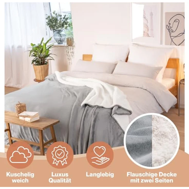 Blumtal Premium Sherpa Kuscheldecke 220x240 cm - warme Decke Oeko-TEX® zertifizierte Dicke Sofadecke, Tagesdecke oder Wohnzimmerdecke, Grau – Bild 4