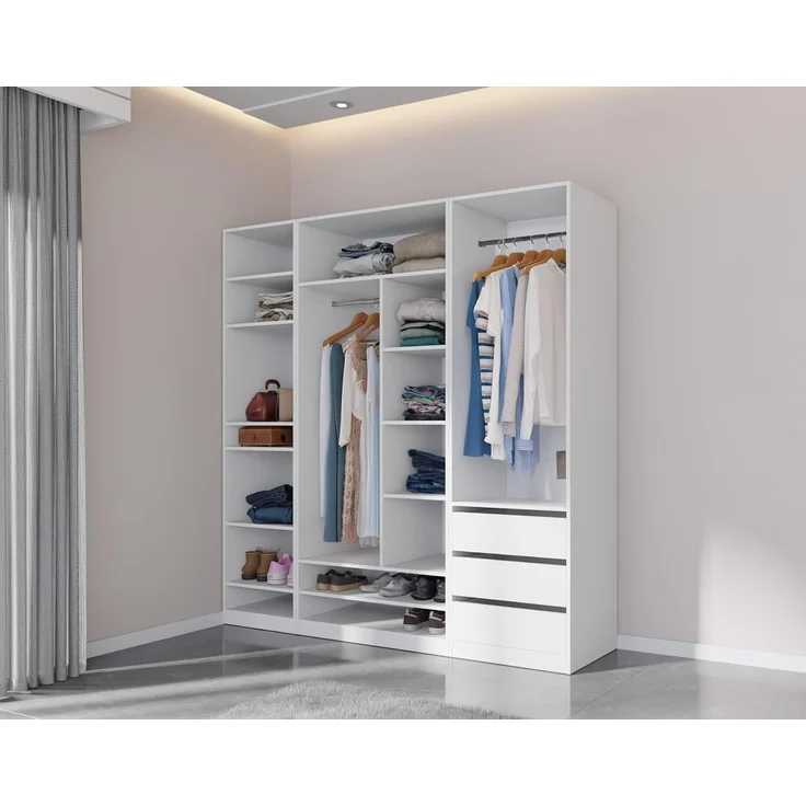 Marmex Möbel TRES 04B offener Kleiderschrank, Garderobenschrank ohne Türen, Schrank mit drei Schubladen und Kleiderstange, laminierte Spanplatte, weiß, 60x206x51 cm – Bild 6