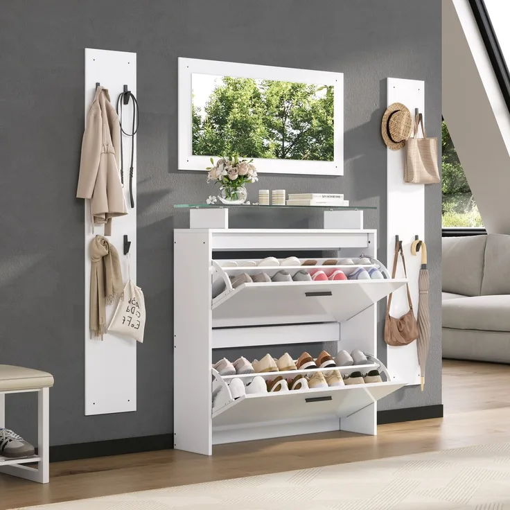 89.5*23*96.5cm Garderoben-Set 4-teilig mit Spiegel,2 Hutablage und Hochglanz Schuhschrank. Flur Garderobenständer Kleiderständer Set,Flurgarderoben Set,Kompaktgarderobe mit 8 Kleiderhaken,Weiß--Weiß--89.5x23x96.5cm--YOUDENOVA
