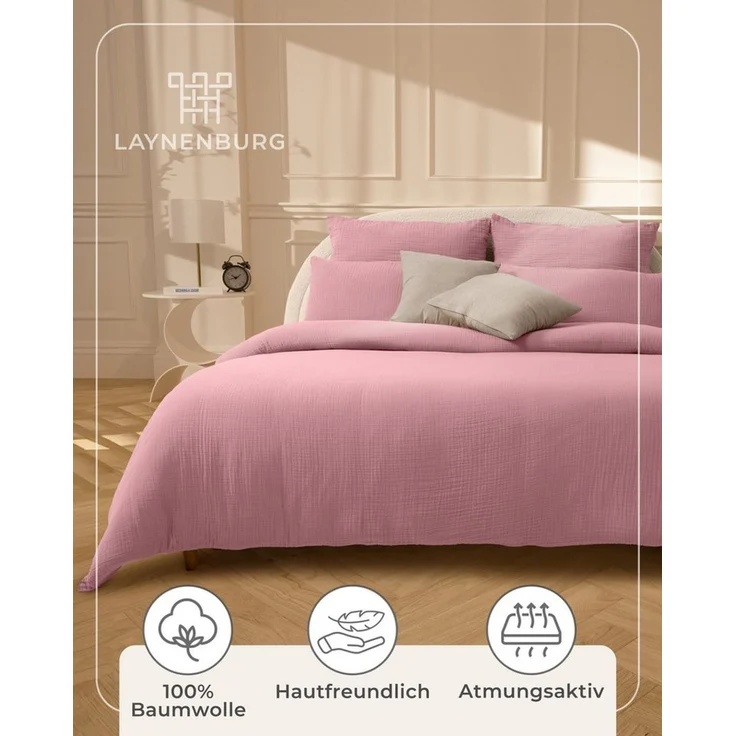 Laynenburg Bettwäsche Musselin aus 100% Baumwolle in 135x200 oder 155x220 cm, atmungsaktiv & bügelfrei – 2 lagig mit Reißverschluss & Haltebändern – Bild 4