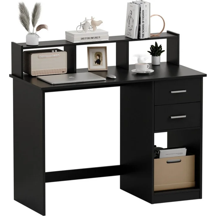 Mondeer Schreibtisch Computertisch, mit 2 Schubladen, Regal & Schrank 105x94x48cm Schwarz – Bild 5