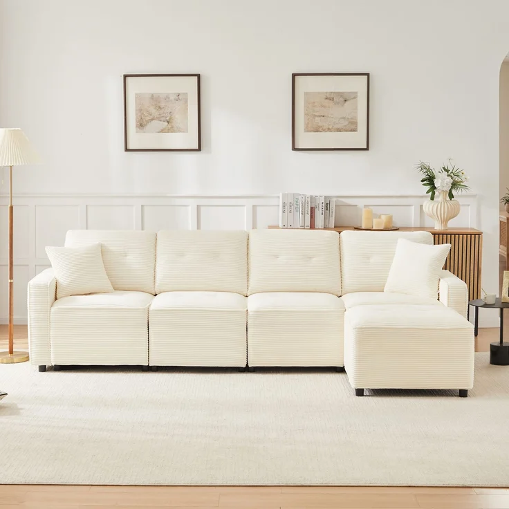 Merax 280cm Großes Sofa, 4-Sitzer Corduroy Sofa, mit Stauraum unter den Sitzflächen, inklusive eines frei platzierbaren Hockers, Beige – Bild 5