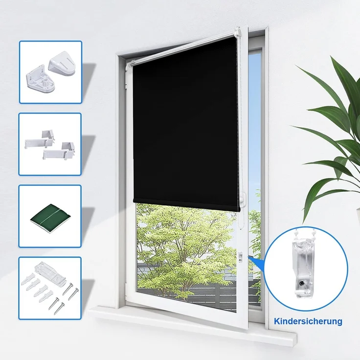 Homland Klemmfix Rollo Verdunkelung Thermorollo ohne Bohren Schwarz 65x170 cm (BxH), Verdunklungsrollo Wandmontage & Deckenmontag, Sichtschutz & Sonnenschutz für Fenster und Tür – Bild 5