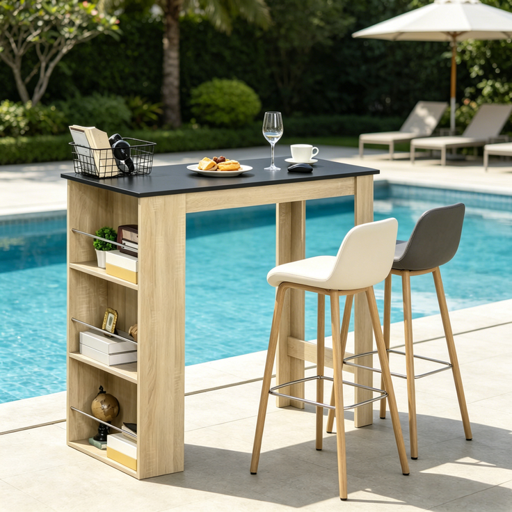 Multifunktionaler Bartisch B 112 x T 57 x H 106 cm mit 3 Regalen, Spanplatte in Eiche/Schwarz