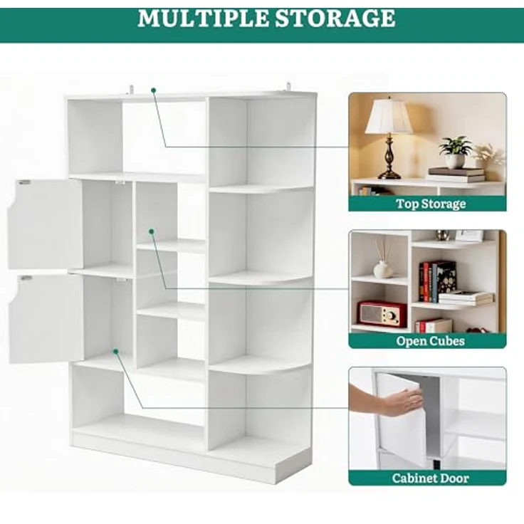 YITAHOME Freistehendes Bücherregal mit 9 offenen Regalböden und 2 Türen (Stoffbezug) für Wohnzimmer, Schlafzimmer, Büro, Weiß, 80 × 24 × 120 cm (B × T × H) – Bild 5