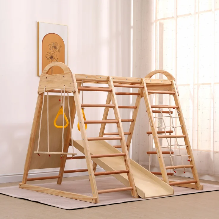 7-in-1-Multifunktions-Klettergerüst ,Massivholz, Sperrholz und Buchenholz. Schaukel, Kletterleiter, Kletterplattenrutsche, Ein Netz zum Klettern, Kletterstein aus Kunststoff. Ringe. Kann als Zelthaus. – Bild 10