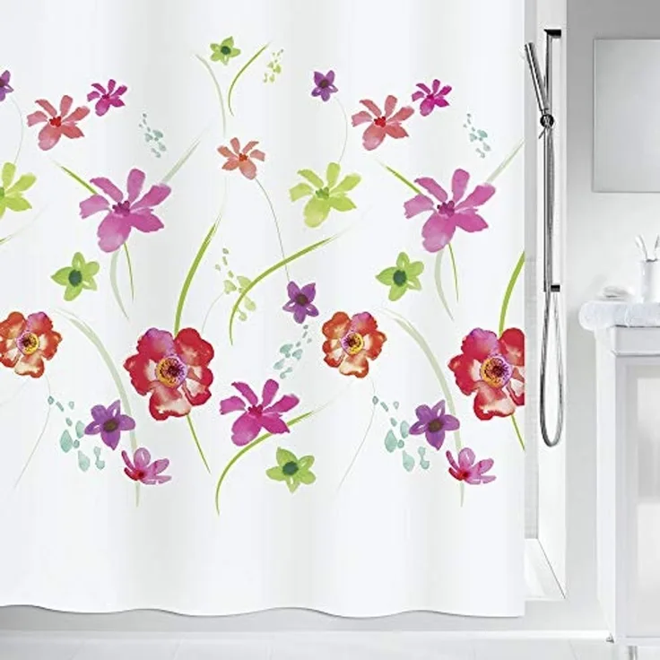 spirella Duschvorhang FLOWER MEADOW Breite 180 cm, Premium Textil-Duschvorhang, 100% Polyester, Made in Europe, wasserabweisend, Anti-Schimmel-Effekt, waschbar 30°, florales Design, Farbe weiß/bunt, Größe 180 x 200 cm