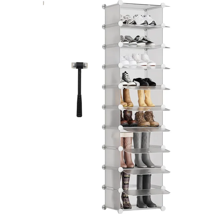 Sekey Schuhregal 10 Etagen, Schuhschrank Platzsparend Kunststoff, Schuhregal Schmal für Flur Schlafzimmer Eingang Umkleidezimmer - 43 * 31 * 173cm，Weiß und Transparent
