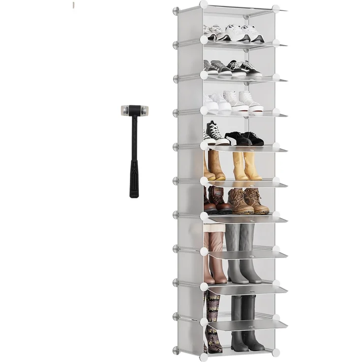 Sekey Schuhregal 10 Etagen, Schuhschrank Platzsparend Kunststoff, Schuhregal Schmal für Flur Schlafzimmer Eingang Umkleidezimmer - 43 * 31 * 173cm，Weiß und Transparent