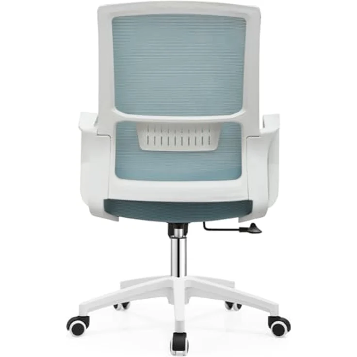 Shally Dogan Ergonomischer Drehstuhl mit Lendenwirbelstütze, Schreibtischstuhl, Arbeitszimmerstuhl, höhenverstellbar, stabile weiße Basis, schweißfeste Rückenlehne (blau) – Bild 7