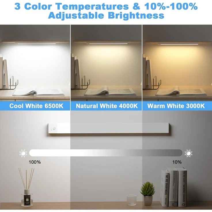 OUILA Unterbauleuchte Küche LED 43.5CM, 2 Stück 3 Farbmodi Dimmbar Schrankbeleuchtung, 108LEDs küchenlicht Bewegungsmelder Innen Lampe 2500mAh USB Wiederaufladbar, Leiste Für Regale, Kleiderschrank – Bild 3