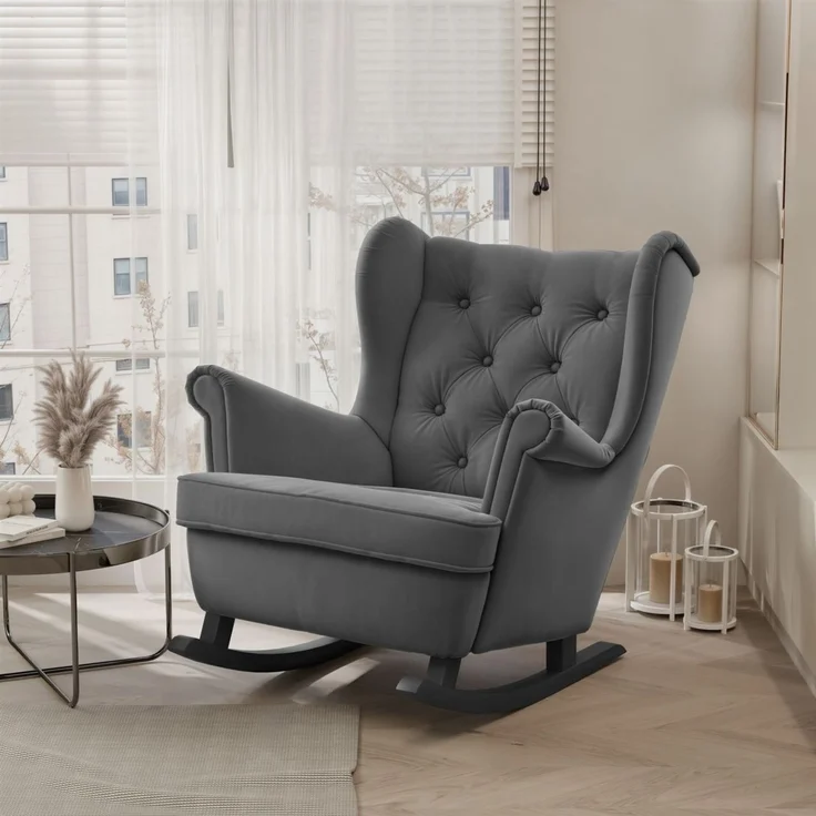 Schaukelsessel Ohrensessel Sessel NINON inkl. Hocker in Stoff Trinity Dunkelgrau – Bild 3