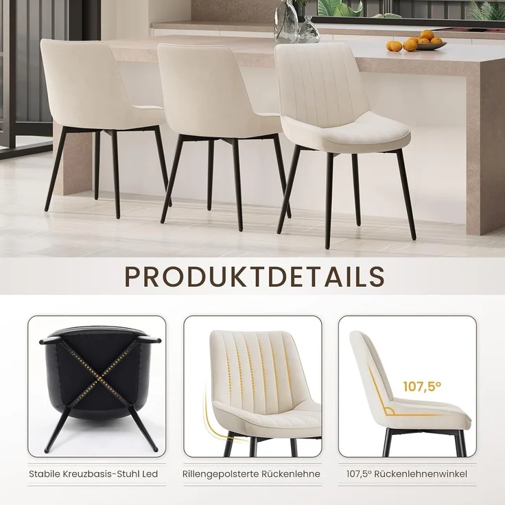 COLAMY Samt Esszimmerstühle 4er Set – Gepolsterte Stühle für Esszimmer & Küche mit Metallbeinen, Dickem Sitzpolster & Rutschfesten Füßen, Beige – Bild 7