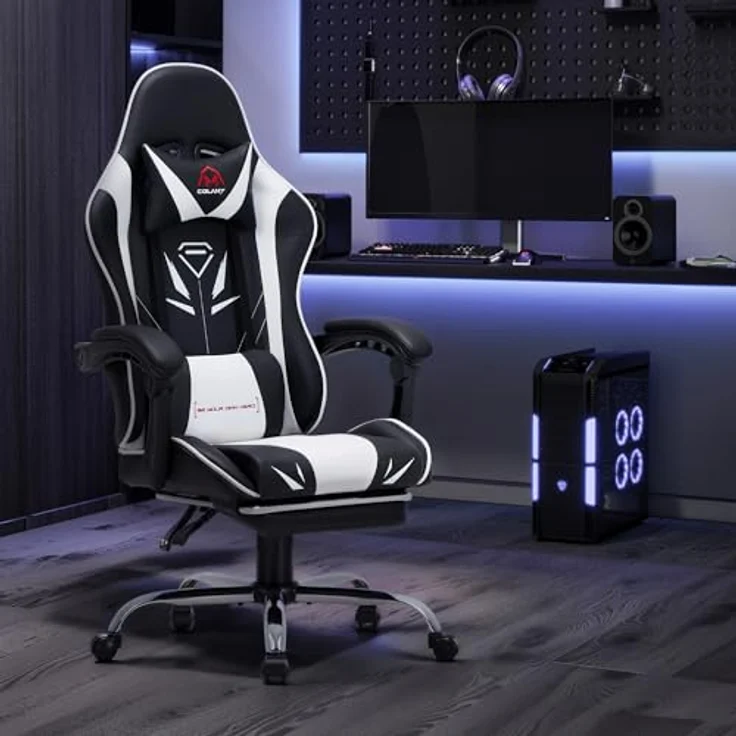 COLAMY Gaming Stuhl, Computer Stuhl mit Fußstütze und Lendenwirbelstütze, höhenverstellbarer Gaming Chair mit 360°-Drehsitz und Kopfstütze, Video Gamer PC Stuhl, Ergonomische hohe Rückenlehne, Weiß – Bild 5