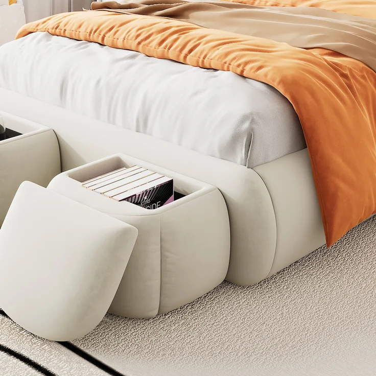 Polsterbett 90×200 mit Hasenohren & dimmbarem LED-Licht, Samtbezug Beige, inkl. Aufbewahrungshockern Einzelbett – Bild 4