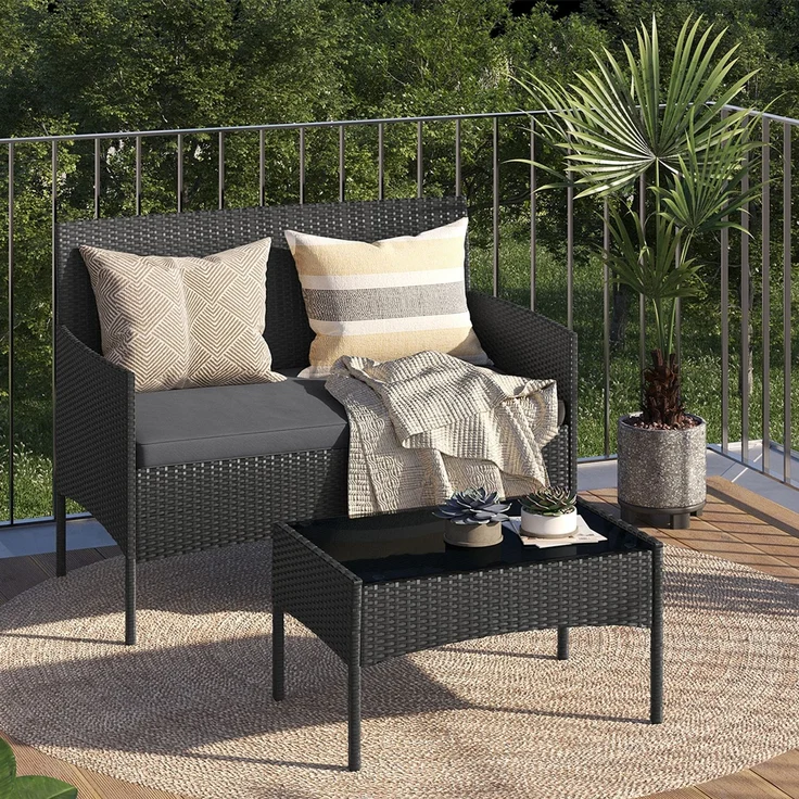 STEELSØN 'Thalora' Gartenlounge Set, 4-tlg. Sitzgruppe mit Sofa, 2 Stühlen und Tisch, inkl. Kissen, schwarz/anthrazit, aus Polyrattan – Bild 6