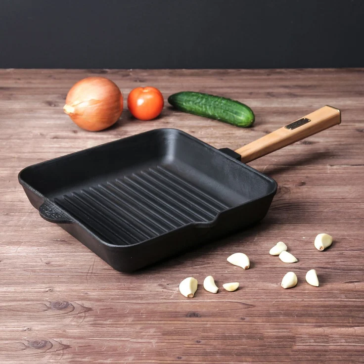28cm Gusseisen Grillpfanne Holzgriff Pressdeckel Bratpfanne Pfanne Feuerpfanne Pfannenwender Induktion – Bild 7
