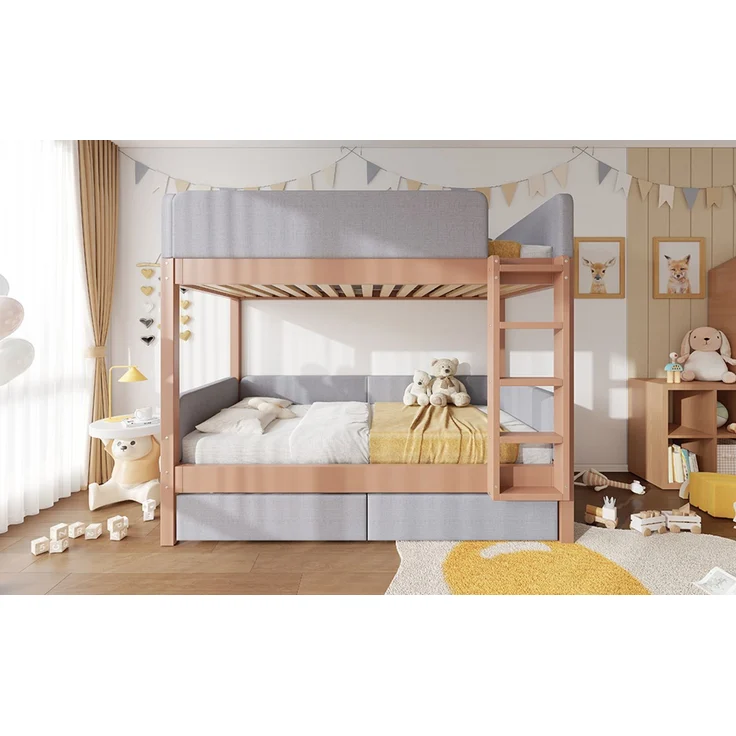 Merax Etagenbett, 90x200cm Kinderbett, Weiche Antikollisions-Schwammkante, Vierstufige gerade Treppe, Mit zwei Schubladen, Stabile Lattenroste, Grau+Natur – Bild 7