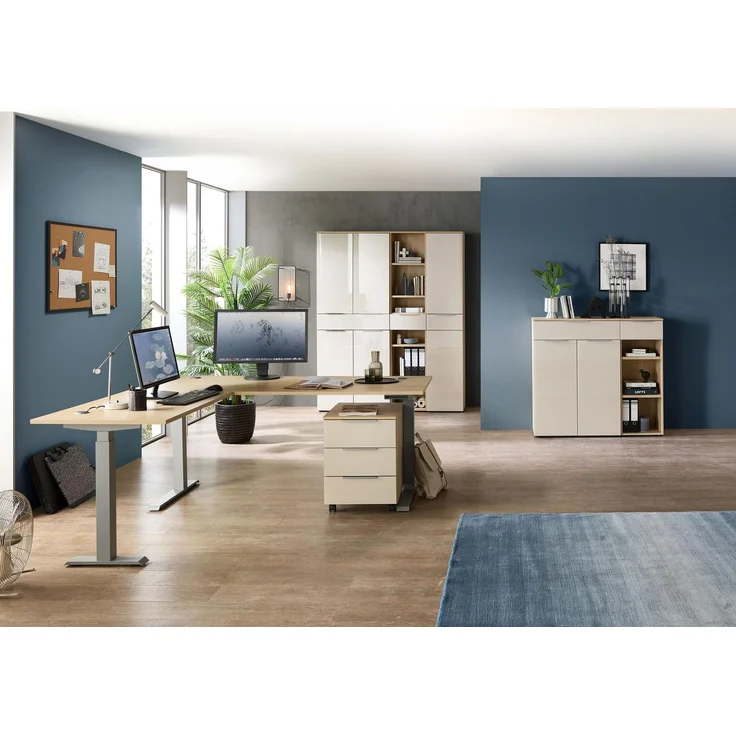 Komplettbüro Büro-Set SANTORIN VIII Riva Eiche & Glas Cashmere 7-teilig – Bild 1