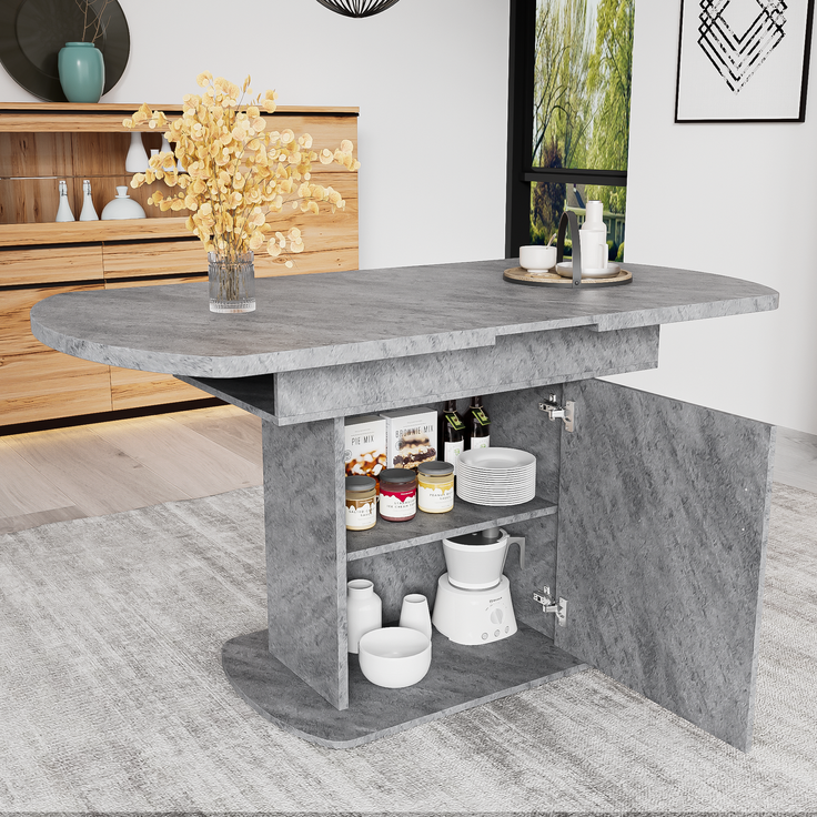 Ausziehbarer ovaler Esstisch, L110/130*W70*H75cm,Esstisch mit Stauraum, Kaffee-Freizeittisch, moderner minimalistischer Esstisch, platzsparender multifunktionaler Esstisch, Betonoptik+silberner Griff