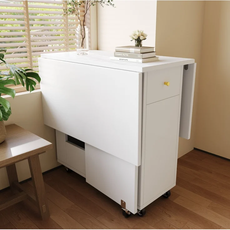 Esstisch 120x75x75 cm klappbar mit Stauraum, 2 Schubladen und Rollen – Bild 4