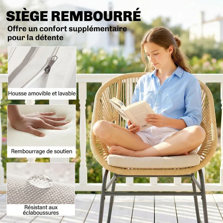 3-teiliges Bistro-Balkon-Set: 2 bequeme Sessel und ein Tisch aus gehärtetem Glas, abnehmbare Kissen in Beige – Bild 9
