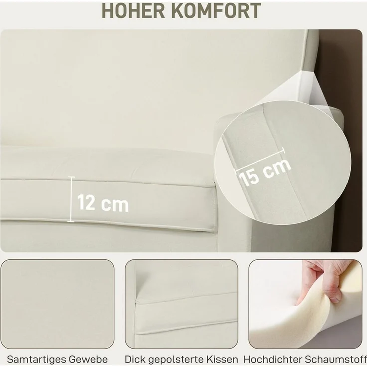 HOMCOM 2-Sitzer Sofa 130 cm Kleine Couch Polstersofa mit Armlehne, Samtoptik, Loungesofa 1 Teile, für Wohnzimmer, Schlafzimmer, Kleinen Raum, Cremeweiß – Bild 3