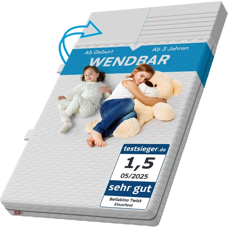 Bellabino 'Twist' wendbare Kinder- und Jugendmatratze 140x200 cm, 15 cm hoch, Härtegrad H1/H2, mitwachsende 7-Zonen Kaltschaummatratze, abnehmbarer Bezug, Matratze für Kinder 3-13 Jahre – Bild 1