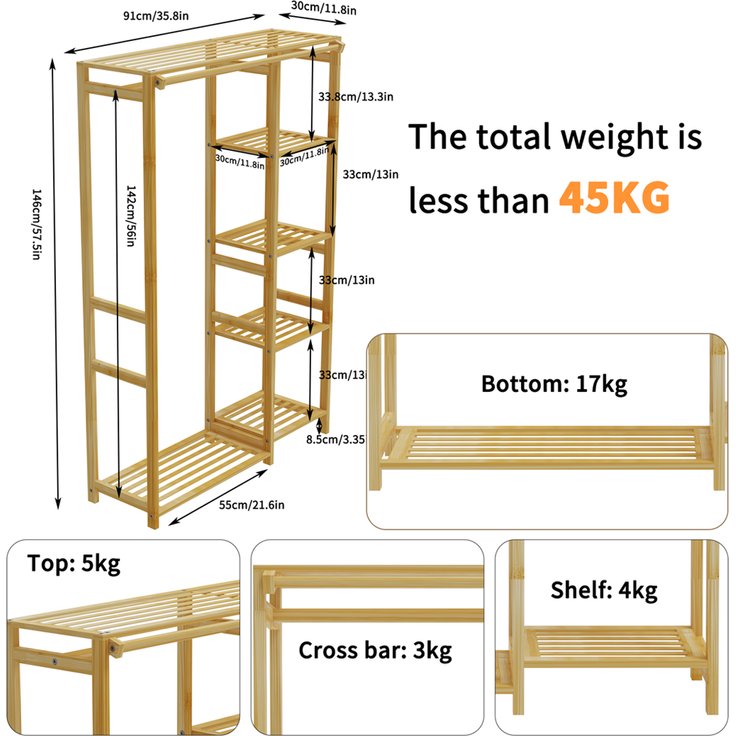 UNHO Kleiderschrank offener Kleiderständer mit Vorhang Ablagen Bambus Beige 91 x 30 x 146 cm – Bild 6