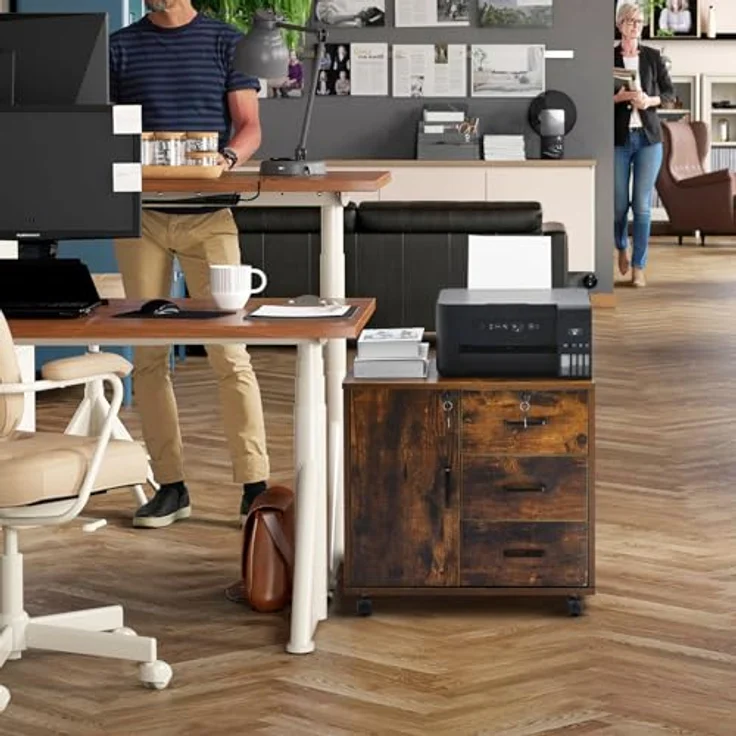 TUKAILAI Rollcontainer Aktenschrank aus Holz, Abschließbar Büroschrank mit 3 Schubladen und Tür, Mobiler Schreibtisch Unterschrank mit 4 Rollen für Büro Arbeitszimmer Wohnzimmer, 40×60×57 cm, Braun – Bild 4