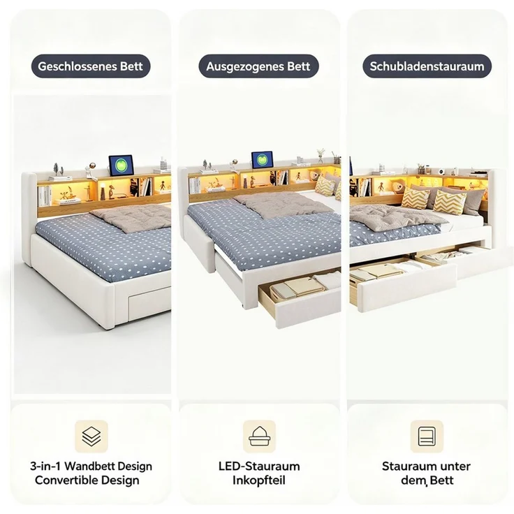i@home Daybett 90x200 cm Tagesbett, Ausziehbett zum 180x200 cm Doppelbett, Beige, mit ausziehbarem Bett, 3-in-1 Tagesbett mit Schubladen,LED, Steckdose – Bild 3