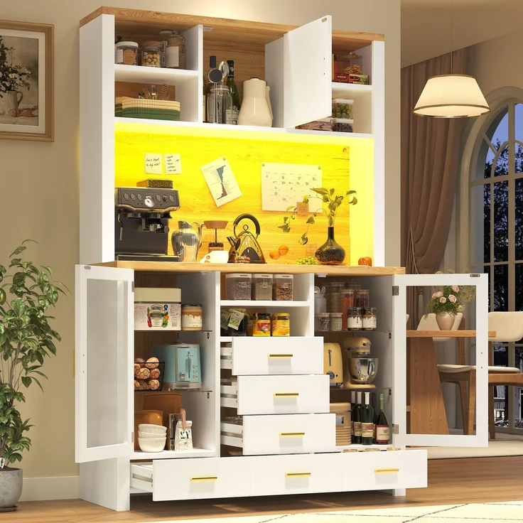EINHOM Seitenboard / Aufbewahrungsschrank / Multifunktions-Küchenschrank / Buffetschrank, 120 x 40 x 188 cm, Landhausstil, 4 Türen, mit LED-Lichtleiste, 6 Schubladen & 3 Türen, Weiß mit Holzoptik – Bild 4