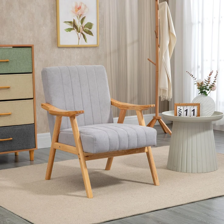 Ohrensessel Polsterstuhl mit Armlehnen Loungesessel Relaxsessel Skandi-Design Gummiholzbeine Hellgrau für Wohnzimmer & Entspannung--Hellgrau--68x74x82cm--YOUDENOVA – Bild 2