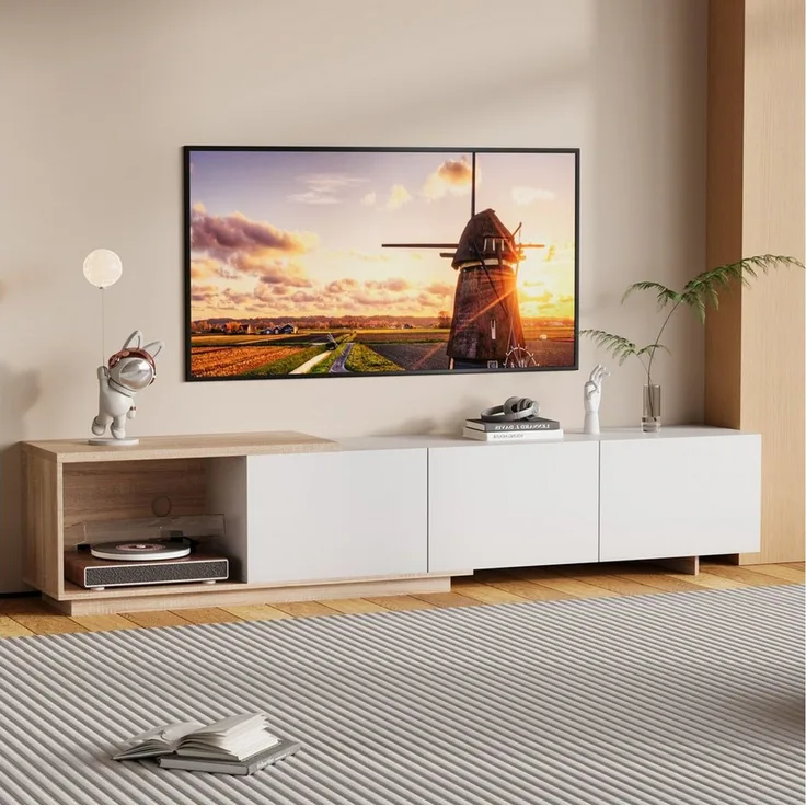 FUROKOY Lowboard Hochglanz-TV-Schrank, für bis 75 Zoll (Fernsehtisch, Fernsehschrank, TV Board), für Wohnzimmer und Schlafzimmer, 240 x 38 x 44 cm, Weiß