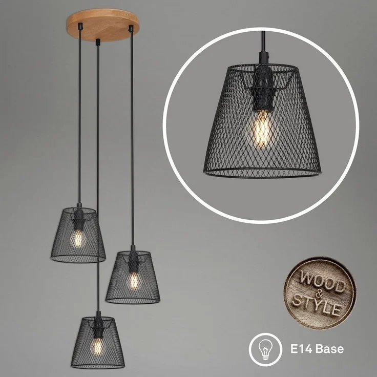 Briloner Leuchten Pendelleuchte Pendelleuchte TAUNUS, 3-flammig, retro/vintage, Metallschirm und Holz Basis, schwarz, 21 cm – Bild 3