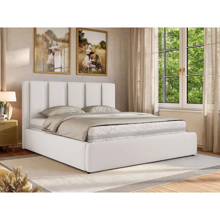 Polsterbett SAVINO CLASSIC mit Bettkasten und Lattenrost Doppelbett 180 x 200 cm mit hohem Kopfteil Stauraumbett Bett mit Gasdruckfeder - Weiß Kunstleder - Multipocket Matratze - ELORI LUX – Bild 1