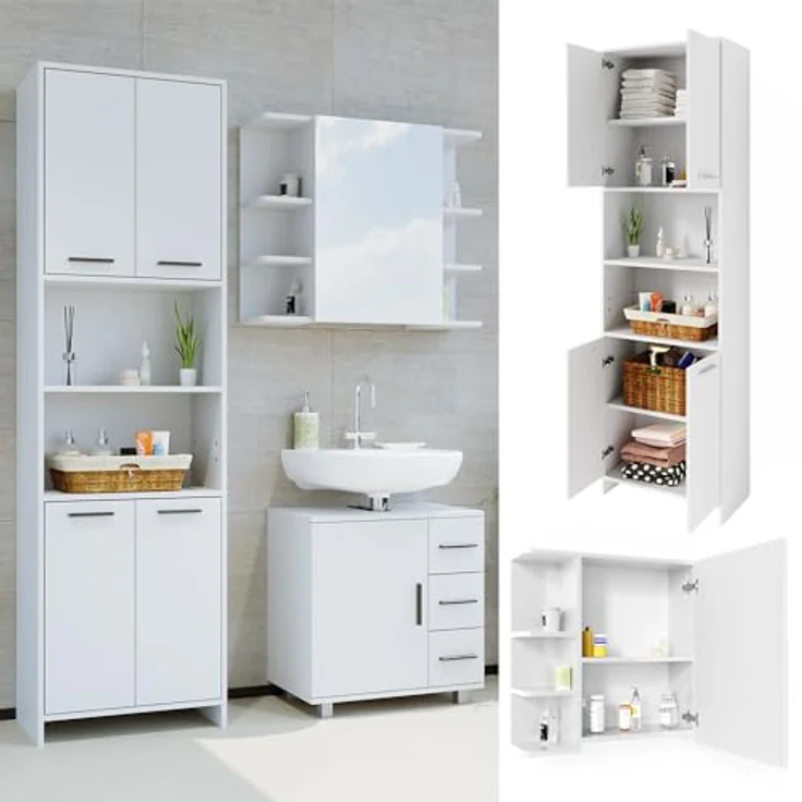 Vicco Badmöbelset Maris, Hochschrank und Spiegelschrank in Weiß mit höhenverstellbaren Einlegeböden und Melaminharzbeschichtung – Bild 4