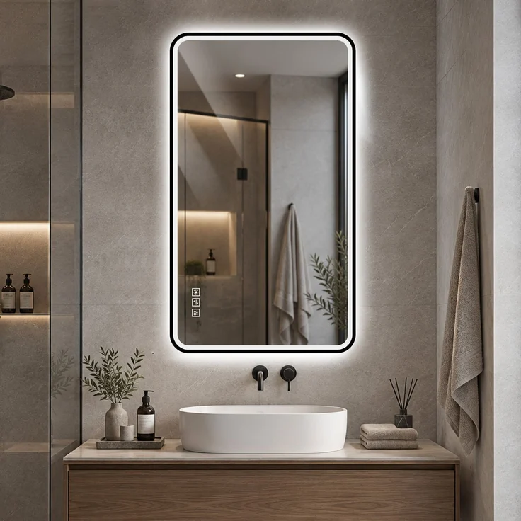 Badezimmerspiegel H 4 x T 100 x B 60 cm mit schwarzem Aluminiumrahmen und Anti-Beschlag-Funktion – Bild 1