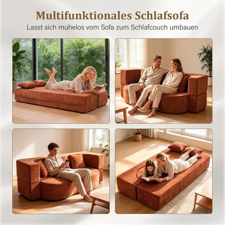 Aoxun Faltbares 3-Sitzer Gästebett & Schlafsofa, 200 cm breites XXL Bett in Orange – Bequeme Klappcouch für Wohnzimmer, Schlafzimmer als Lounge oder Gästebett,Orange – Bild 4