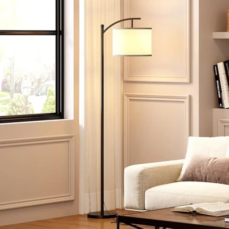 ROTTOGOON Stehlampe für Wohnzimmer mit 3 Farbtemperaturen LED Glühbirne Stehlampen Hoch Industrielle Stehlampe Lesen für Schlafzimmer Büro (9W LED-Glühbirne Beige Lampenschirm enthalten) Schwarz – Bild 7