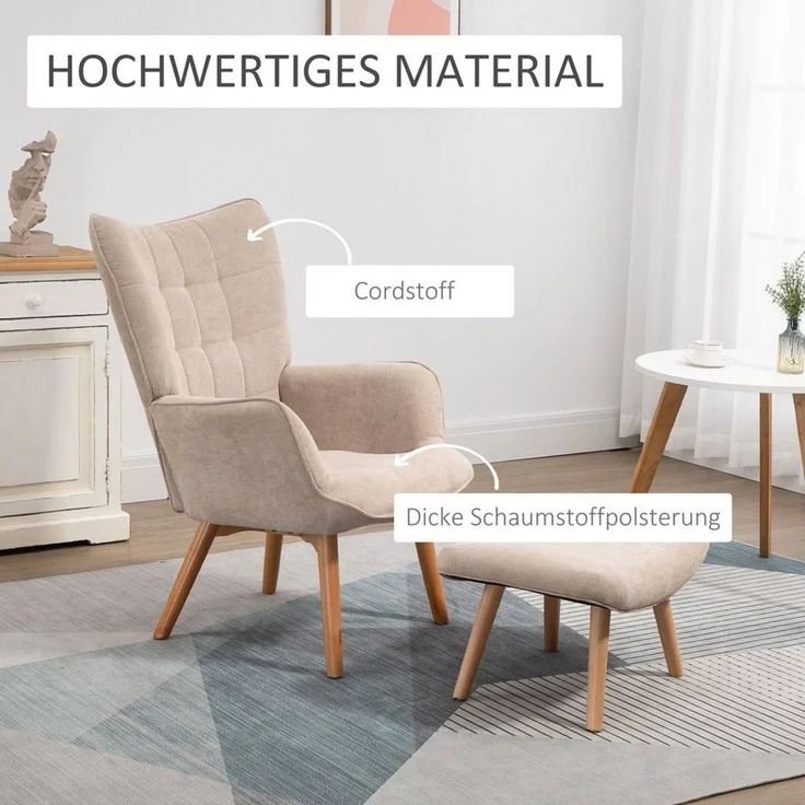 HOMCOM Relaxsessel Loungesessel mit Hocker, Armlehnstuhl mit Holzbeine, Fernsehsessel (Ohrensessel, 1-St, Relaxsessel), mit Cord-Optik – Bild 3