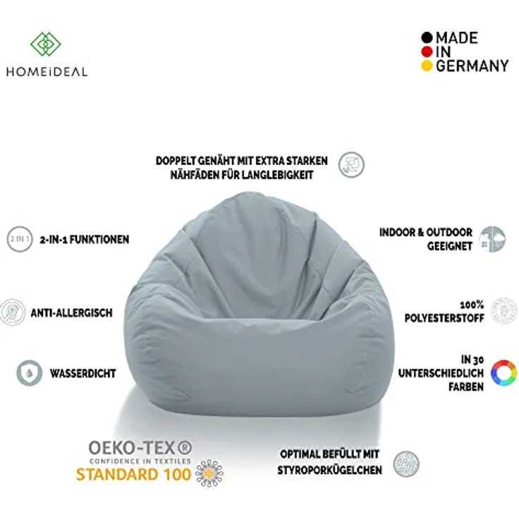 HomeIdeal - Sitzsack XXL Bodenkissen für Erwachsene & Kinder - Geeignet für Gaming oder Entspannen - Indoor wie Outdoor da er Wasserfest ist - mit EPS Perlen, Farbe:Grau, Größe:XL – Bild 3