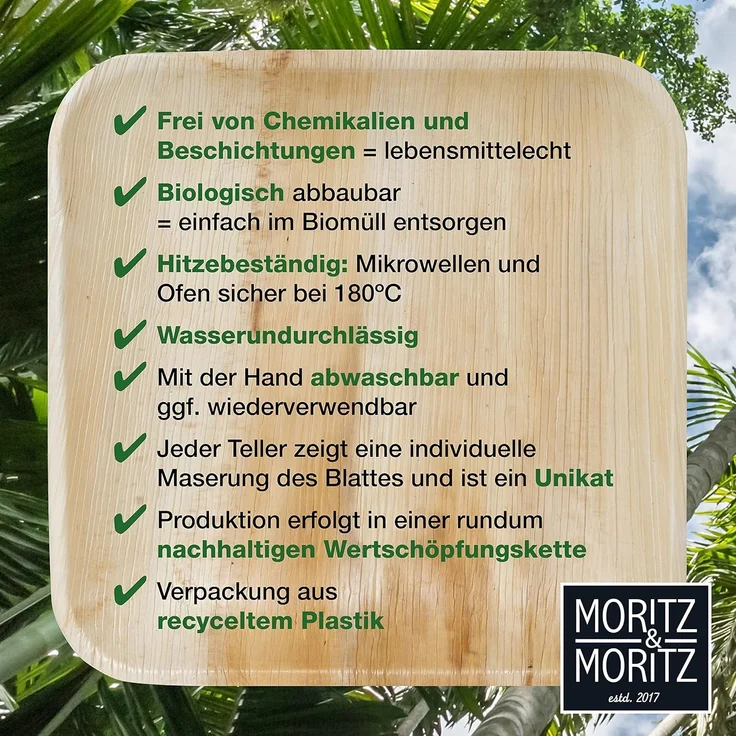 Moritz & Moritz Einweggeschirr-Set 25tlg Palmblatt Teller Eckig 25x25cm (25-tlg), 25 Personen, Palmblatt, Birkenholz, 25x25cm – Bild 6