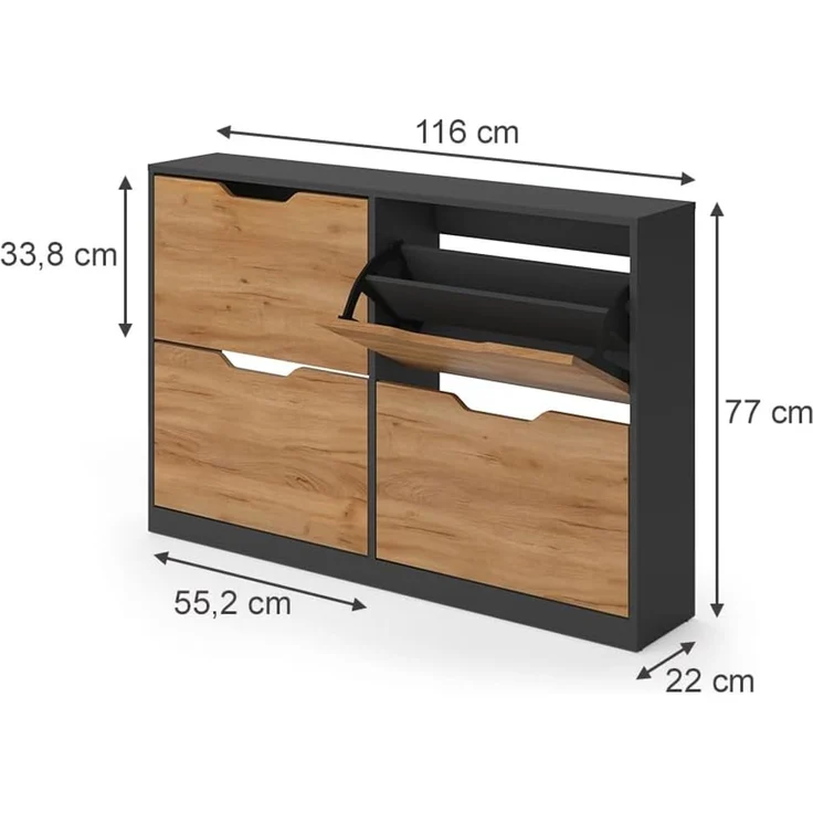 Schuhkipper Luca Anthrazit/Goldkraft Eiche 116 x 77 cm mit 2x2 Kippfächern Vicco – Bild 2