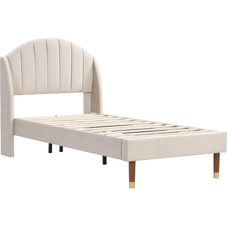 EINHOM Polsterbett 90 x 200 cm mit Lattenrost und Kopfteil, Jugendbett, Einzelbett, Holzlattenunterstützung, Einfache Montage, Samt, Beige, (Ohne Matratze) – Bild 5