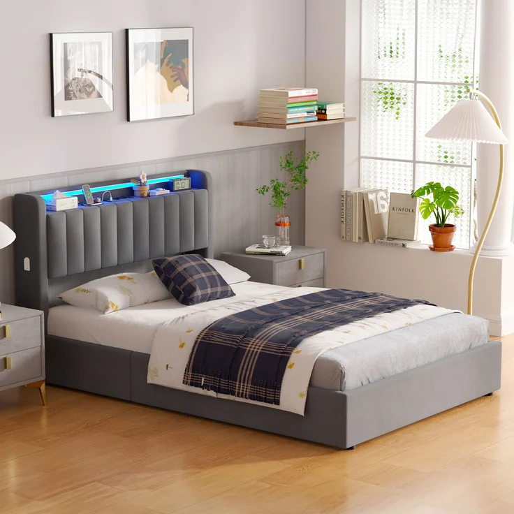 Polsterbett 140 x 190 cm aus Samt mit integriertem Stauraum, USB-Anschluss und LED-Beleuchtung, Dunkelgrau – Bild 1